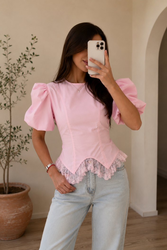 Blusa Positano – Blusa Manga Abullonada Encaje Mujer