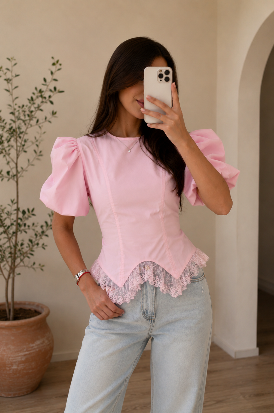 Blusa Positano – Blusa Manga Abullonada Encaje Mujer